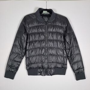 Athleta Dobby Goose Down Puffer Bomber Jacket Womens Size Medium Black Quilted